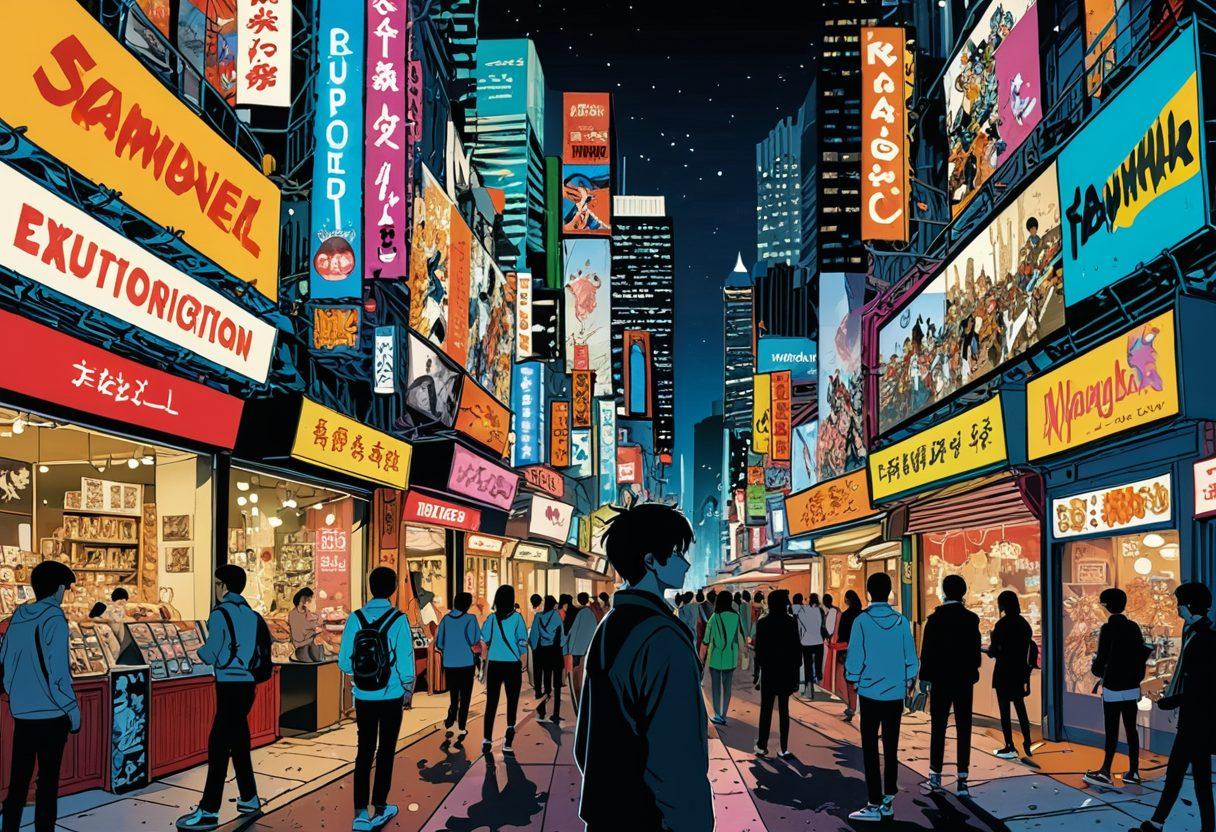 A dynamic collage showcasing iconic adult cartoons and manga characters transitioning from illustrated pages to animated screens, incorporating elements of TV sets and film reels. The background features a vibrant cityscape symbolizing the evolution of culture, with splashes of inkwell colors to represent manga art. Include subtle references to vintage comic shops and modern streaming platforms. A visually striking blend of styles, including anime, comic book art, and contemporary animation. super-realistic. vibrant colors.